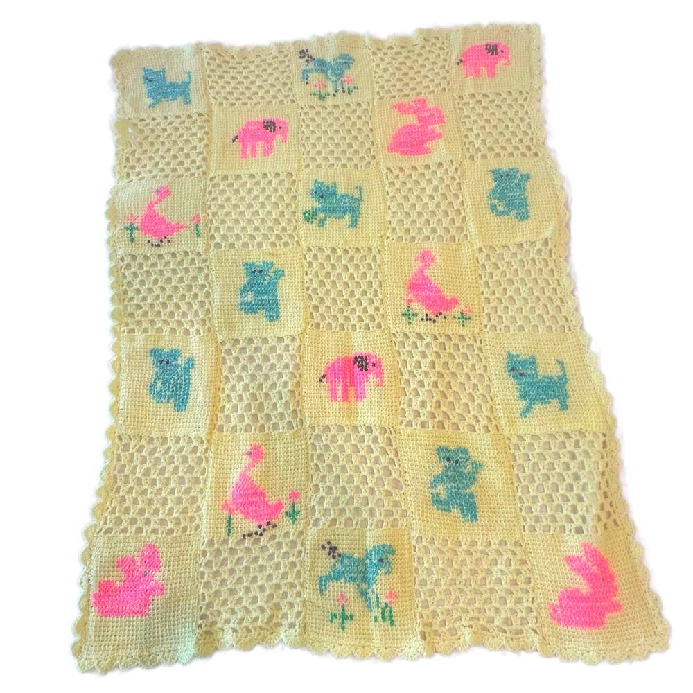 Handmade Crochet Baby Yellow Blanket 44"x35" Pastel Blue & Pink Animals Unused